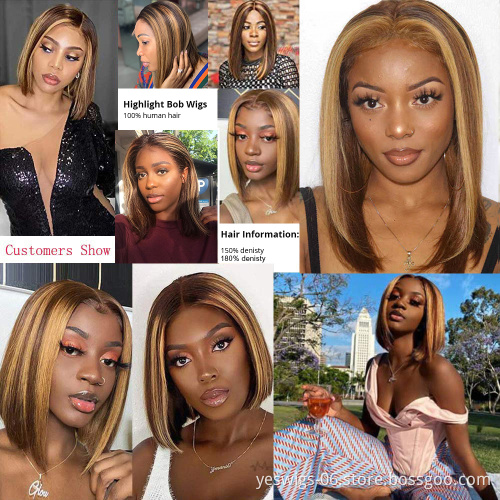 Wholesale Peruvian Virgin 150% Density Human Hair Highlight Short Bob Wig  Brown P4/30 5X5 Lace Front Wig Pre Plucked Baby Hair